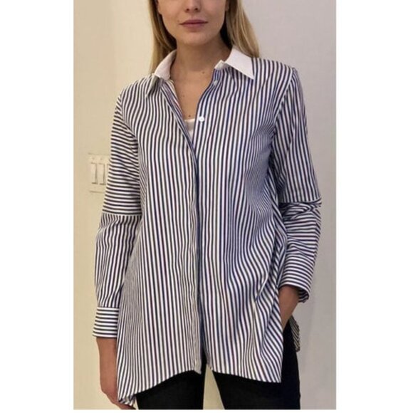 RANI ARABELLA Striped Cotton Button Down Shirt Blouse Multi Blue Stripes Size XL - Picture 1 of 5